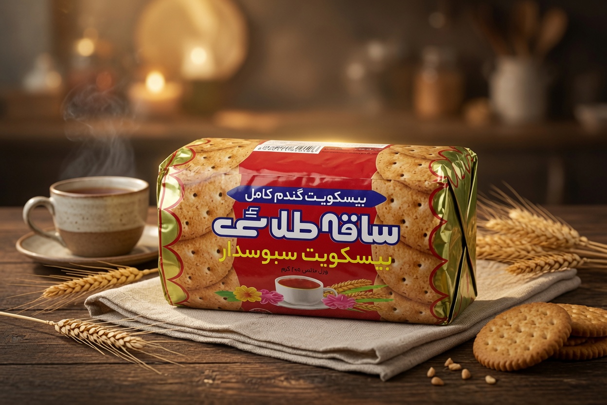 بیسکویت گندم کامل سبوس‌دار صافه طلایی